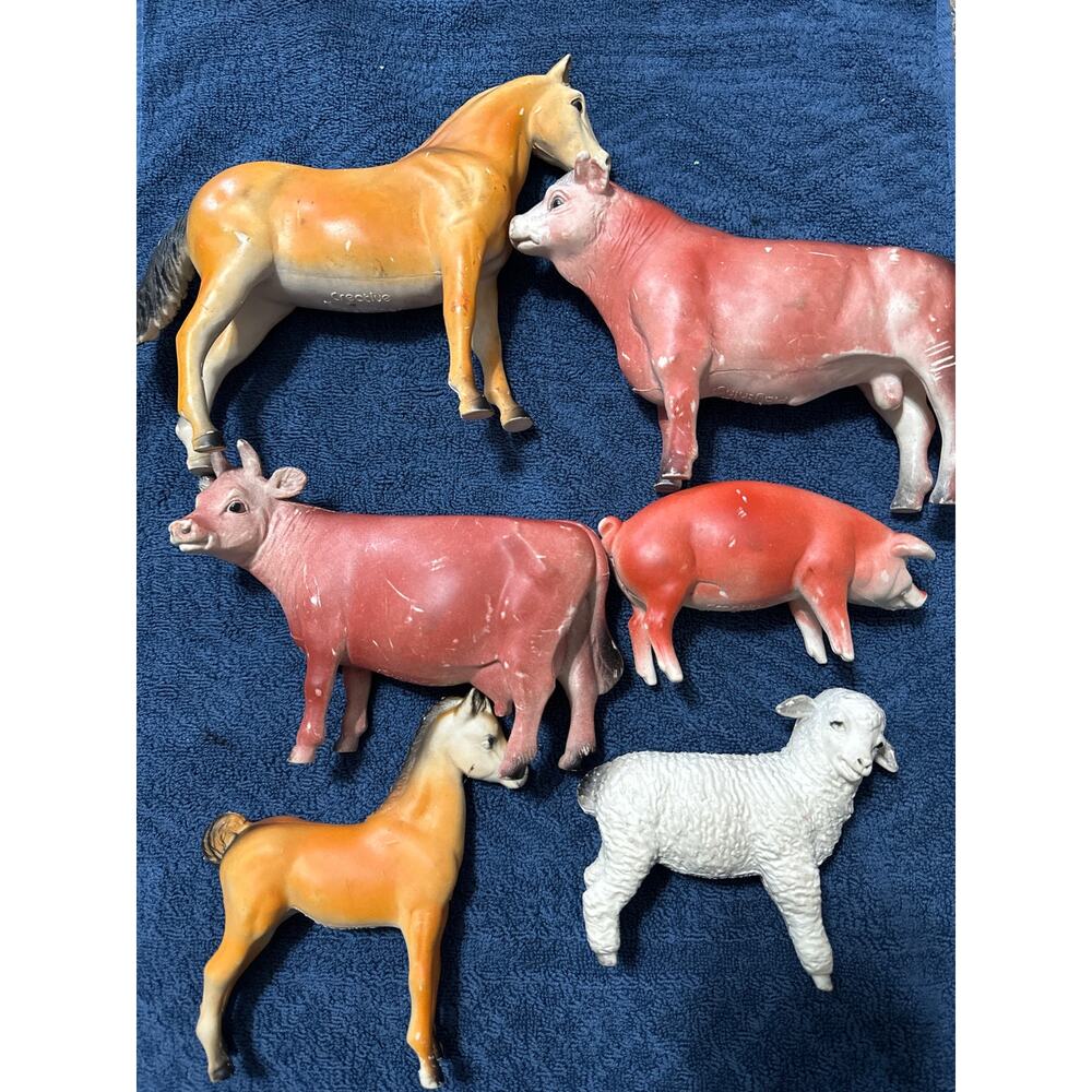 Toy Vintage CREATIVE PLAYTHINGS Rubber Horse, Colt, Sheep, Pig, Bull, Cow.